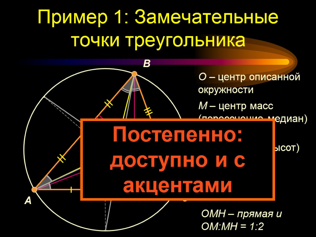 Пример 1: Замечательные точки треугольника C O M H I A B O –